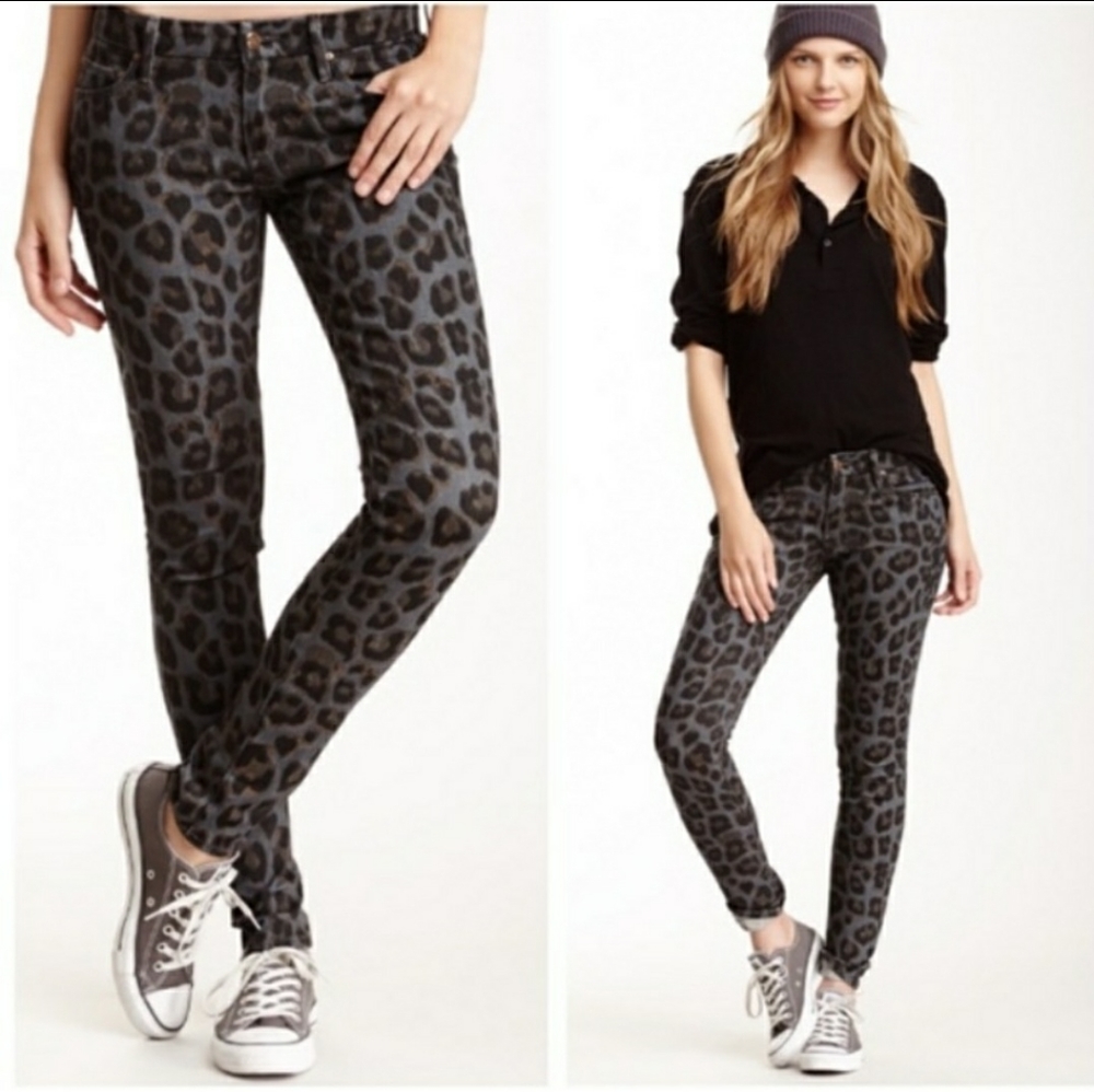 Mother The Looker Paw Leopard Print Washed Out Dark Gray Jeans Size 29